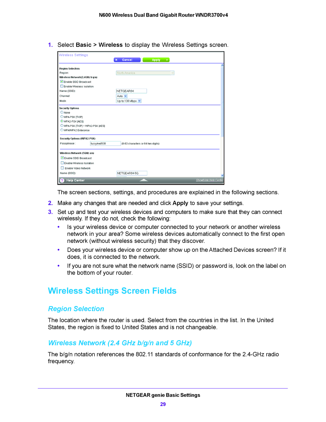 NETGEAR WNDR3700V4 user manual Wireless Settings Screen Fields, Region Selection, Wireless Network 2.4 GHz b/g/n and 5 GHz 