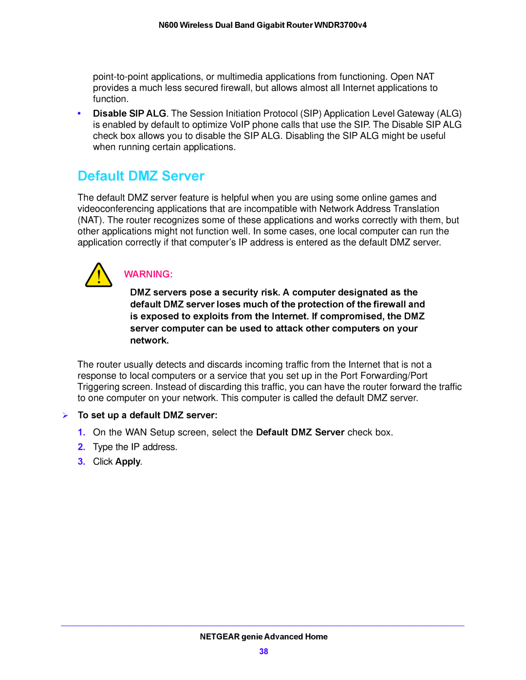 NETGEAR WNDR3700V4 user manual Default DMZ Server,  To set up a default DMZ server 