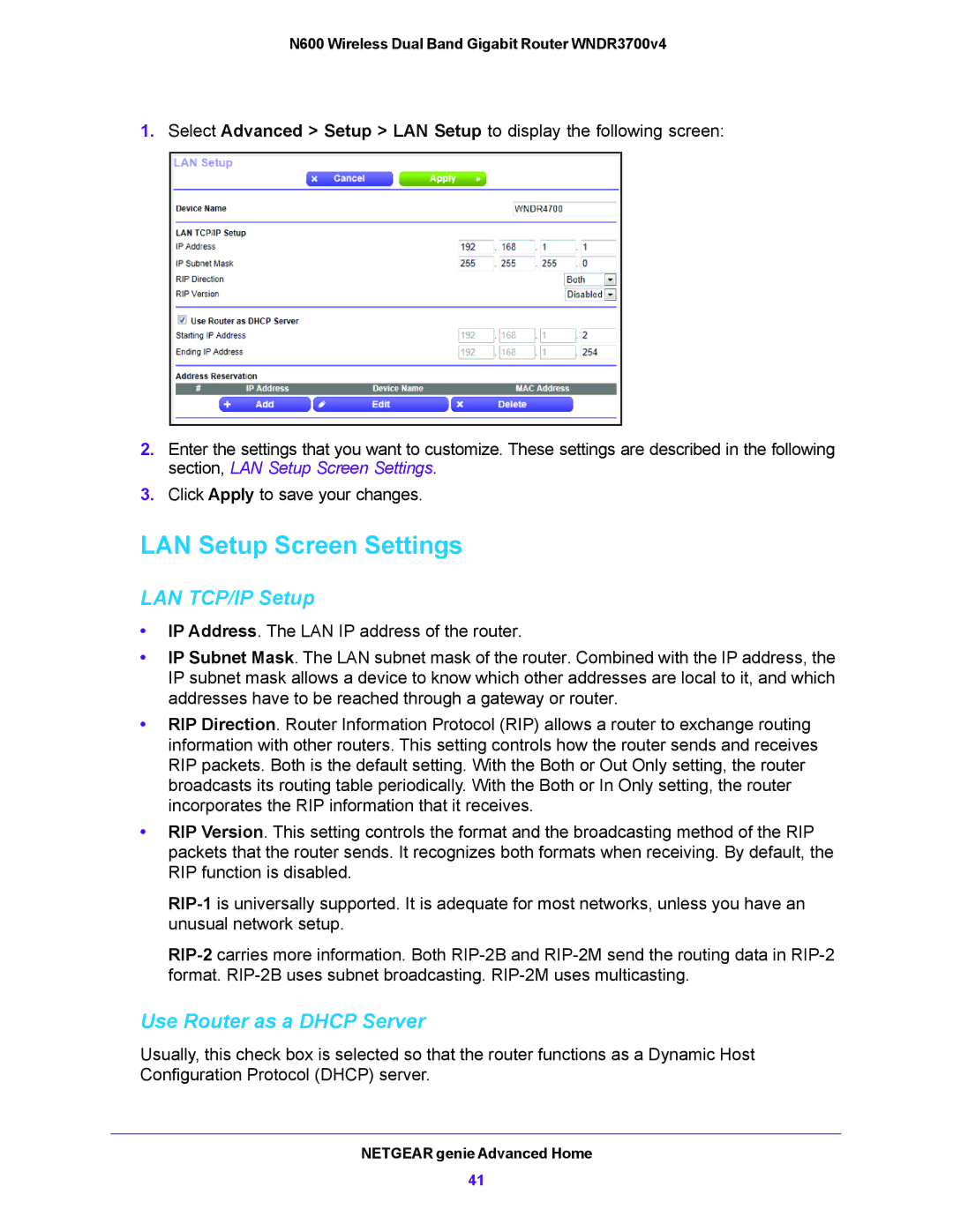 NETGEAR WNDR3700V4 user manual LAN Setup Screen Settings, LAN TCP/IP Setup, Use Router as a Dhcp Server 