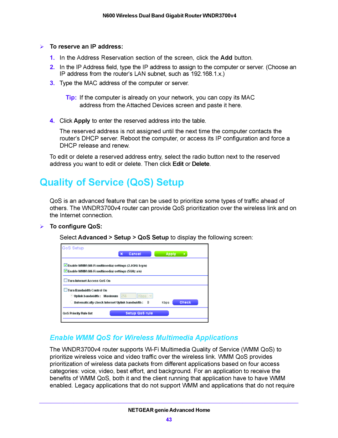 NETGEAR WNDR3700V4 Quality of Service QoS Setup, Enable WMM QoS for Wireless Multimedia Applications,  To configure QoS 