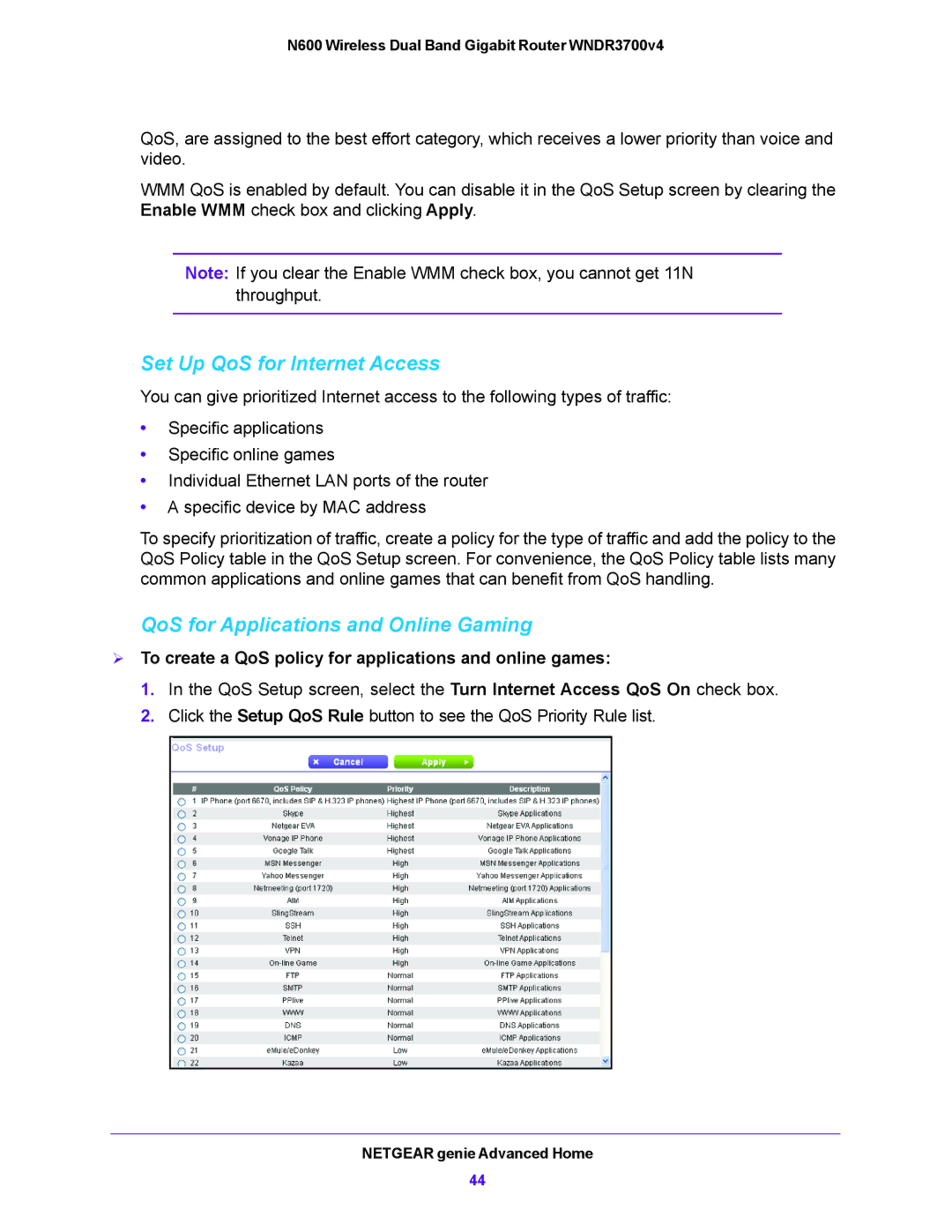 NETGEAR WNDR3700V4 user manual Set Up QoS for Internet Access, QoS for Applications and Online Gaming 