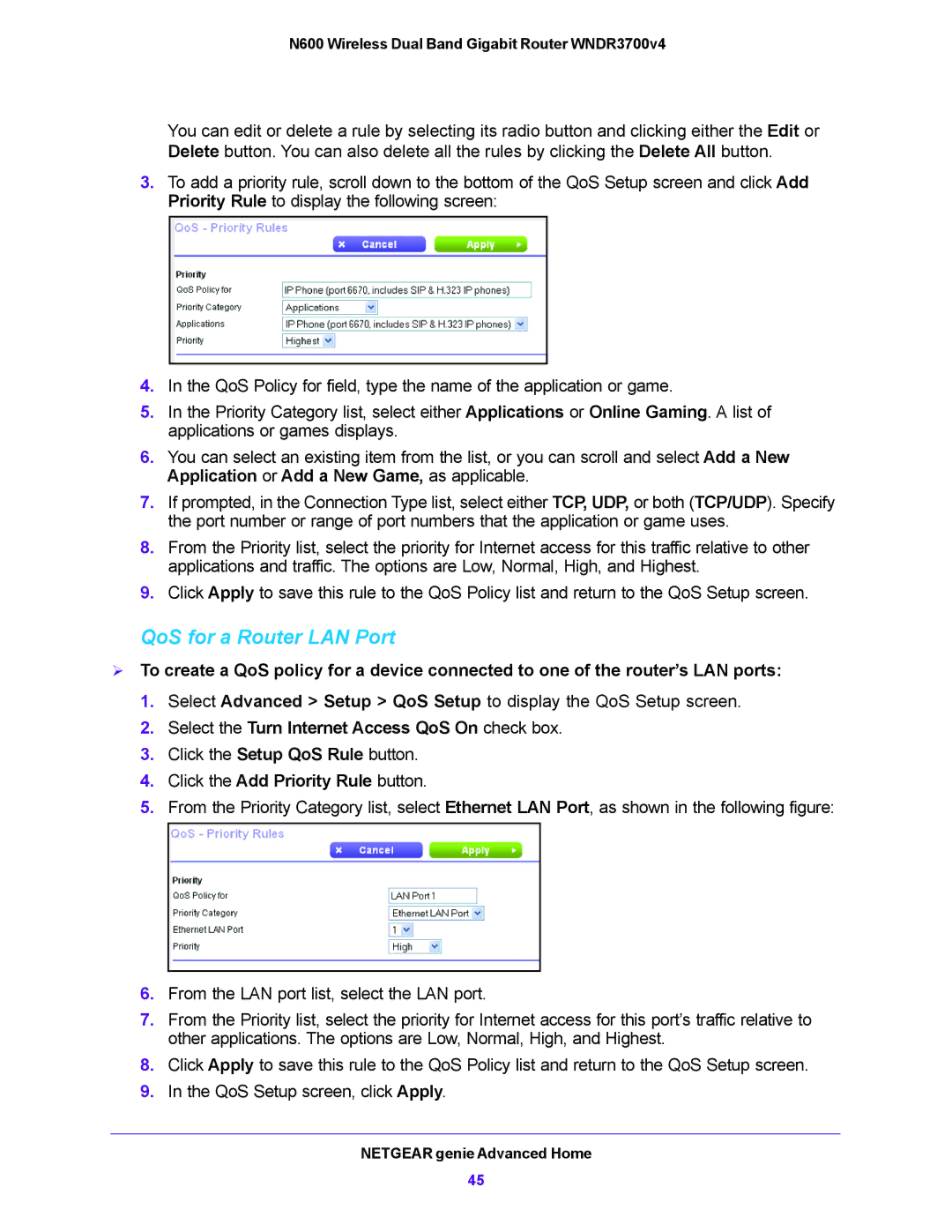 NETGEAR WNDR3700V4 user manual QoS for a Router LAN Port, Select the Turn Internet Access QoS On check box 