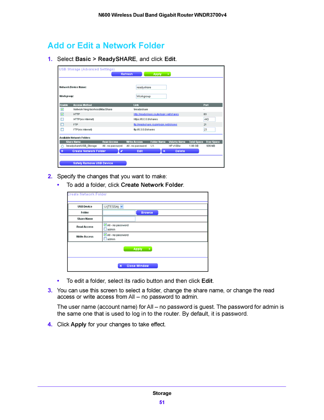 NETGEAR WNDR3700V4 user manual Add or Edit a Network Folder, Select Basic ReadySHARE, and click Edit 