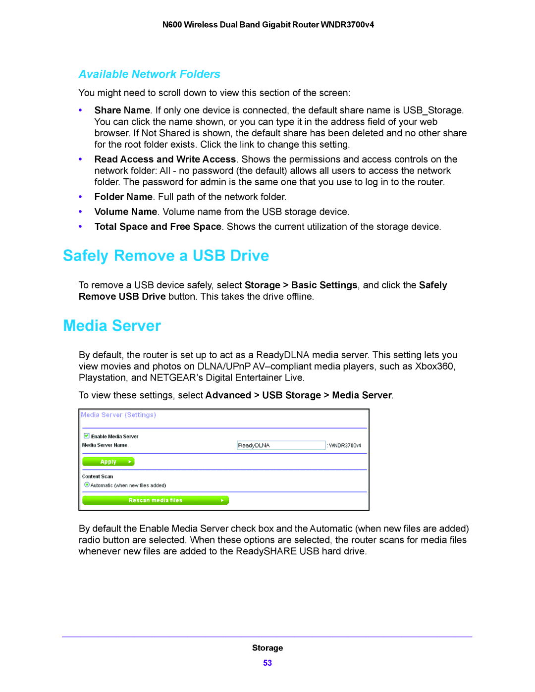 NETGEAR WNDR3700V4 user manual Safely Remove a USB Drive, Media Server, Available Network Folders 