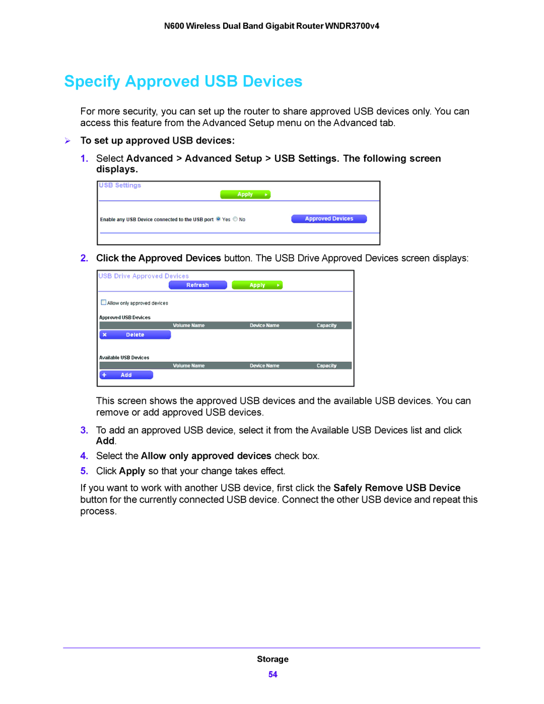 NETGEAR WNDR3700V4 user manual Specify Approved USB Devices, Select the Allow only approved devices check box 