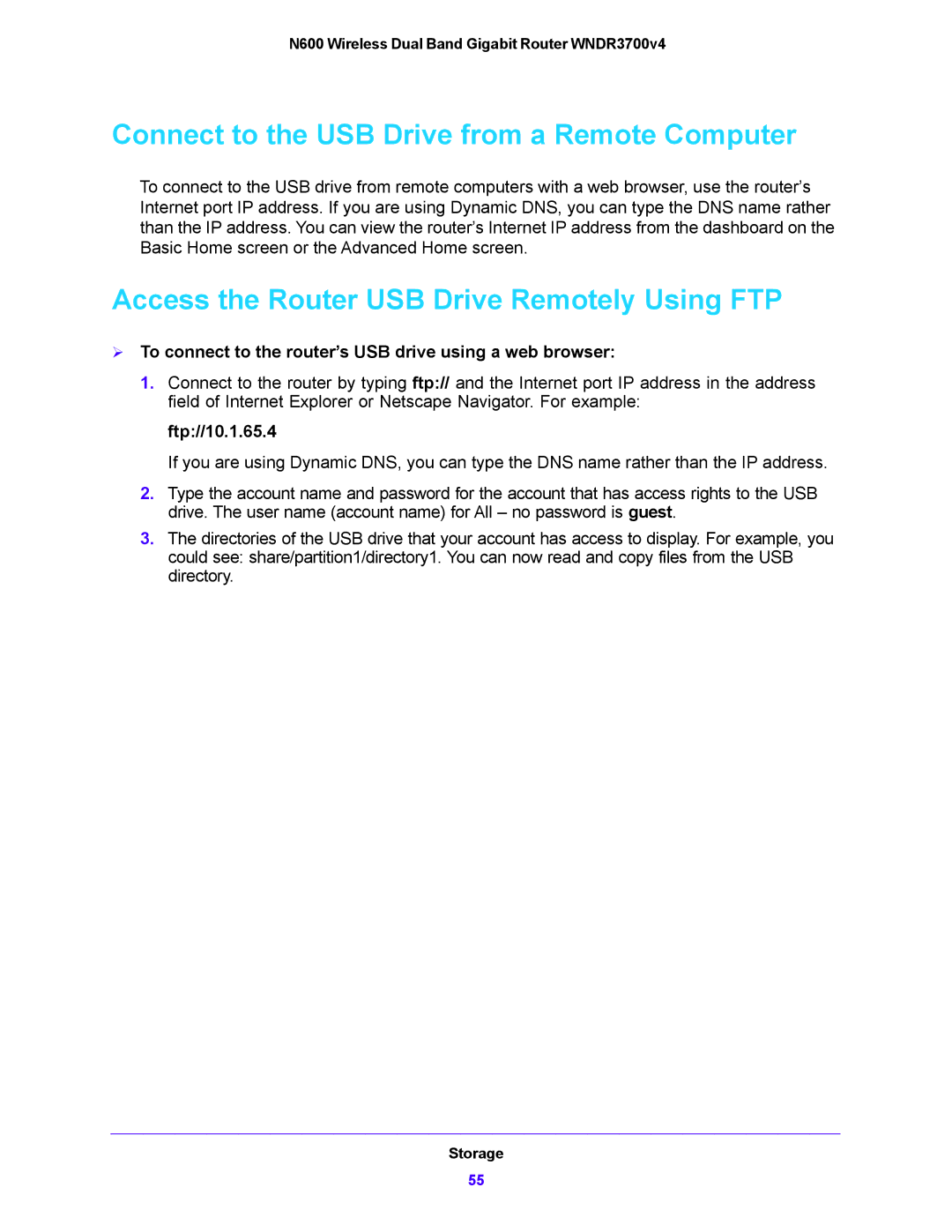 NETGEAR WNDR3700V4 Connect to the USB Drive from a Remote Computer, Access the Router USB Drive Remotely Using FTP 