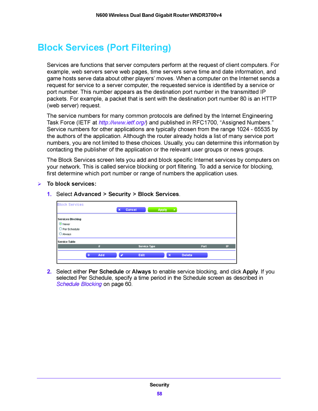 NETGEAR WNDR3700V4 user manual Block Services Port Filtering,  To block services Select Advanced Security Block Services 