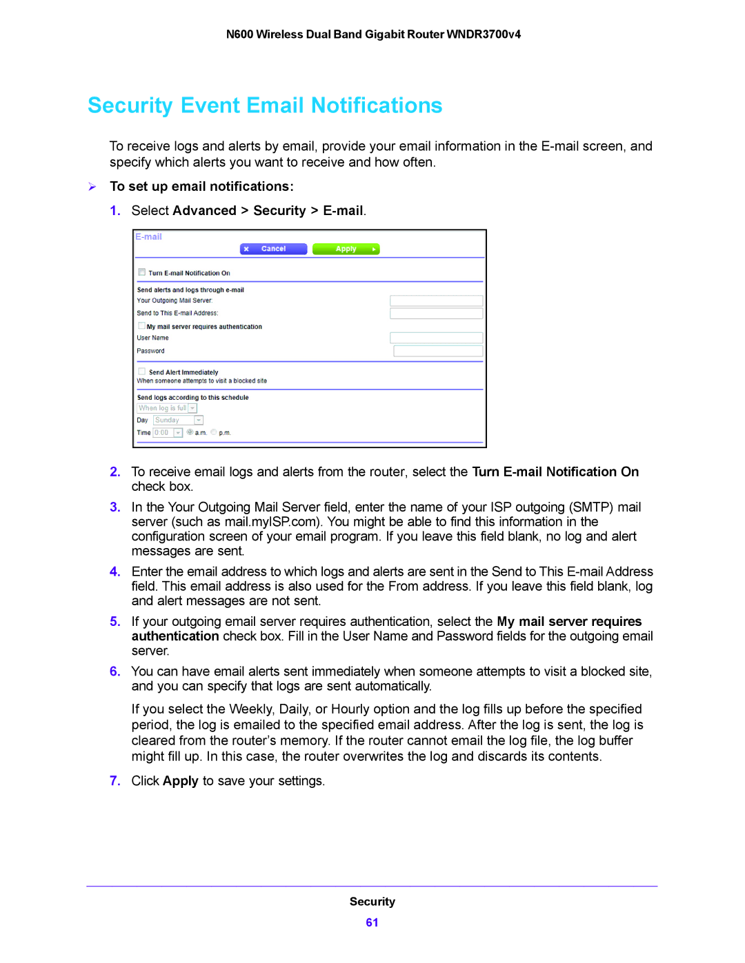 NETGEAR WNDR3700V4 user manual Security Event Email Notifications 