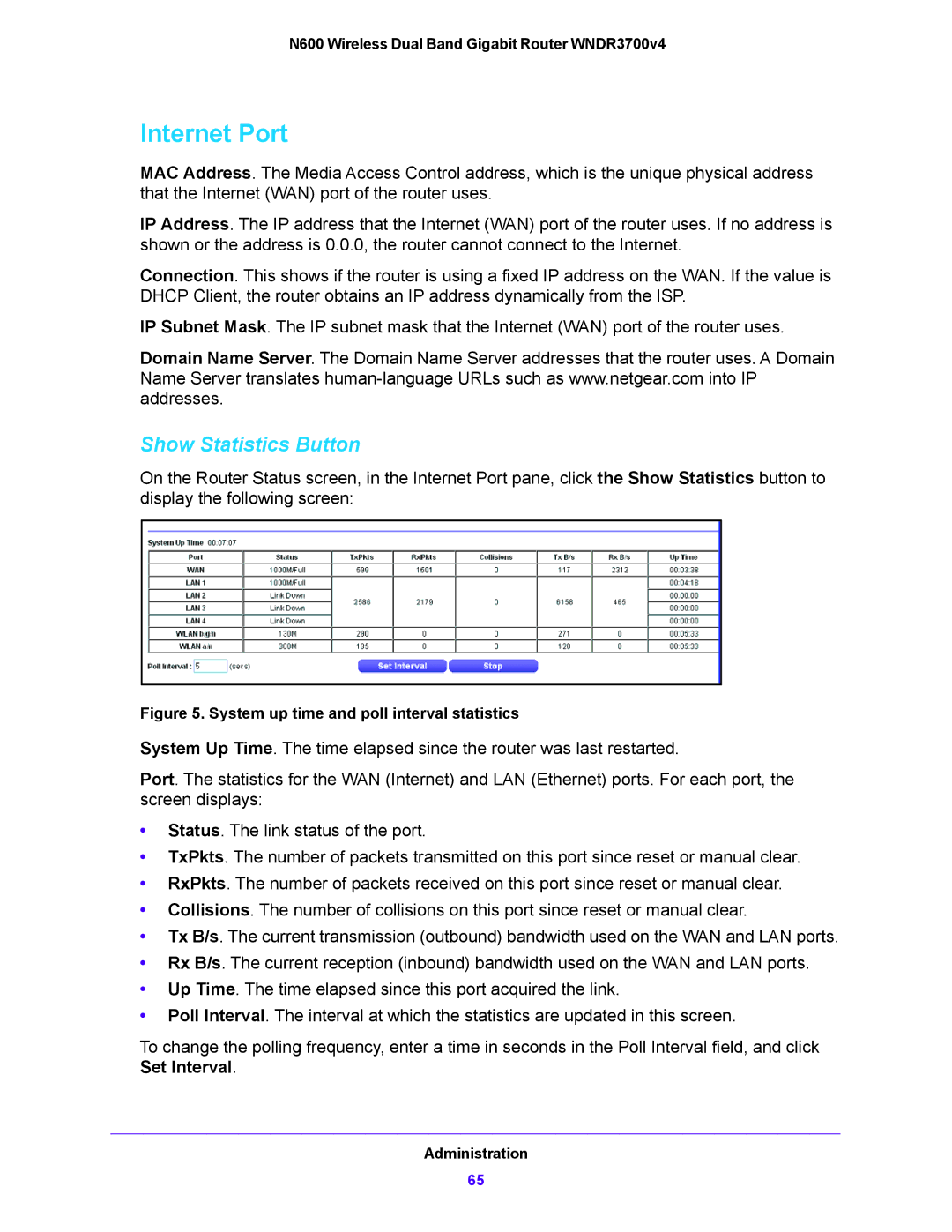 NETGEAR WNDR3700V4 user manual Internet Port, Show Statistics Button 