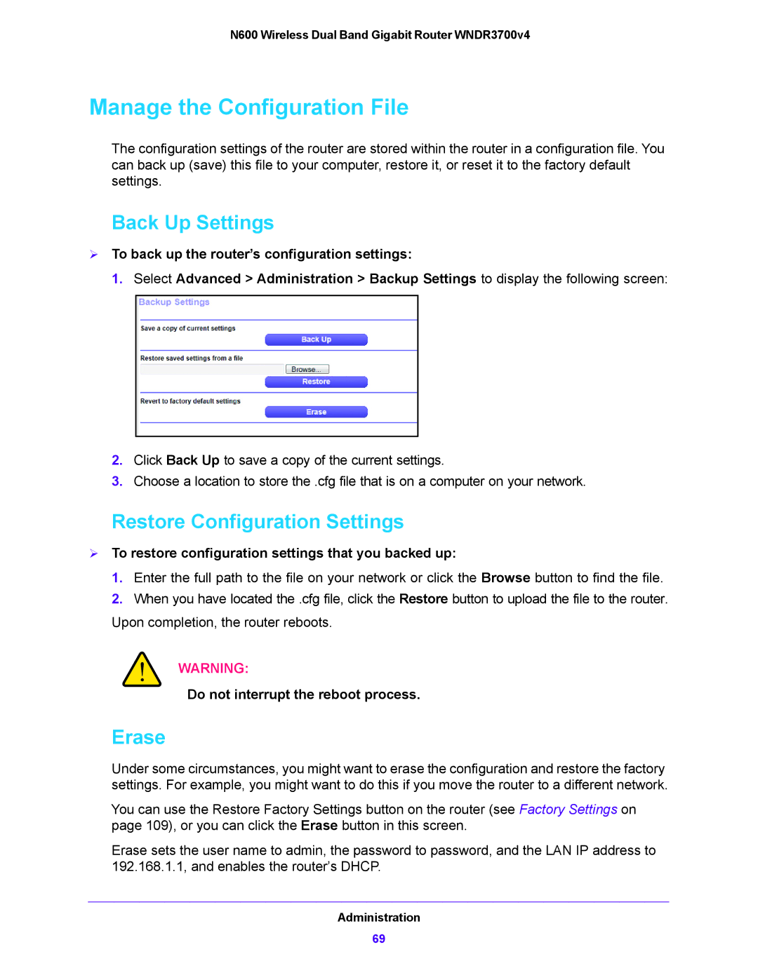 NETGEAR WNDR3700V4 user manual Manage the Configuration File, Back Up Settings, Restore Configuration Settings, Erase 