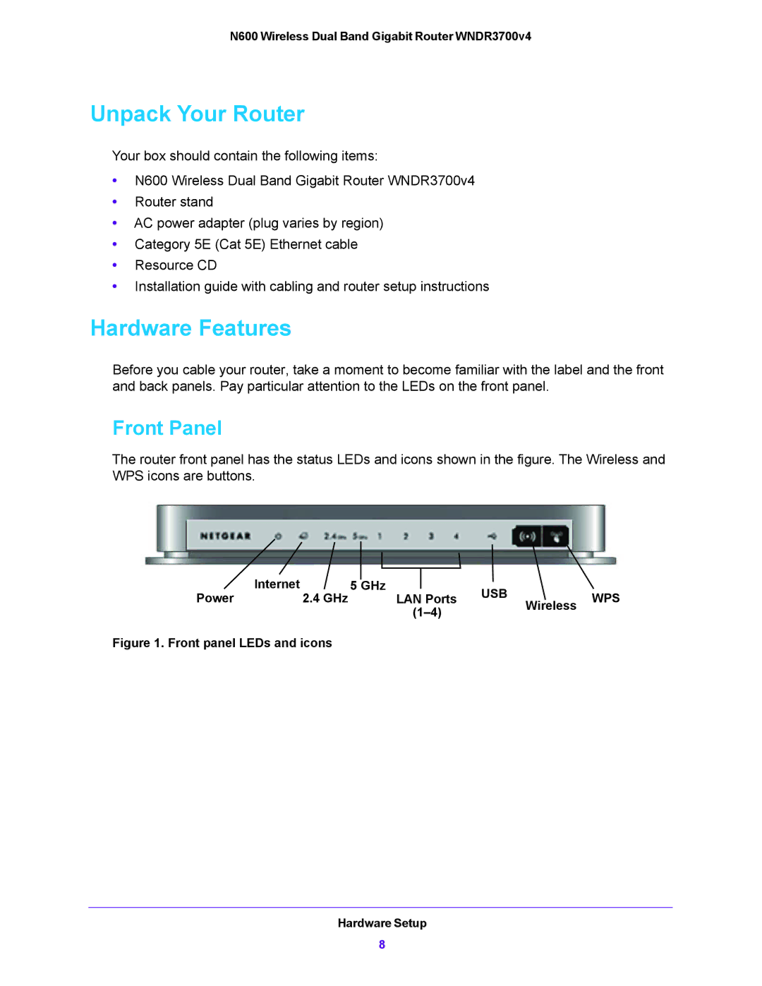 NETGEAR WNDR3700V4 user manual Unpack Your Router, Hardware Features, Front Panel 