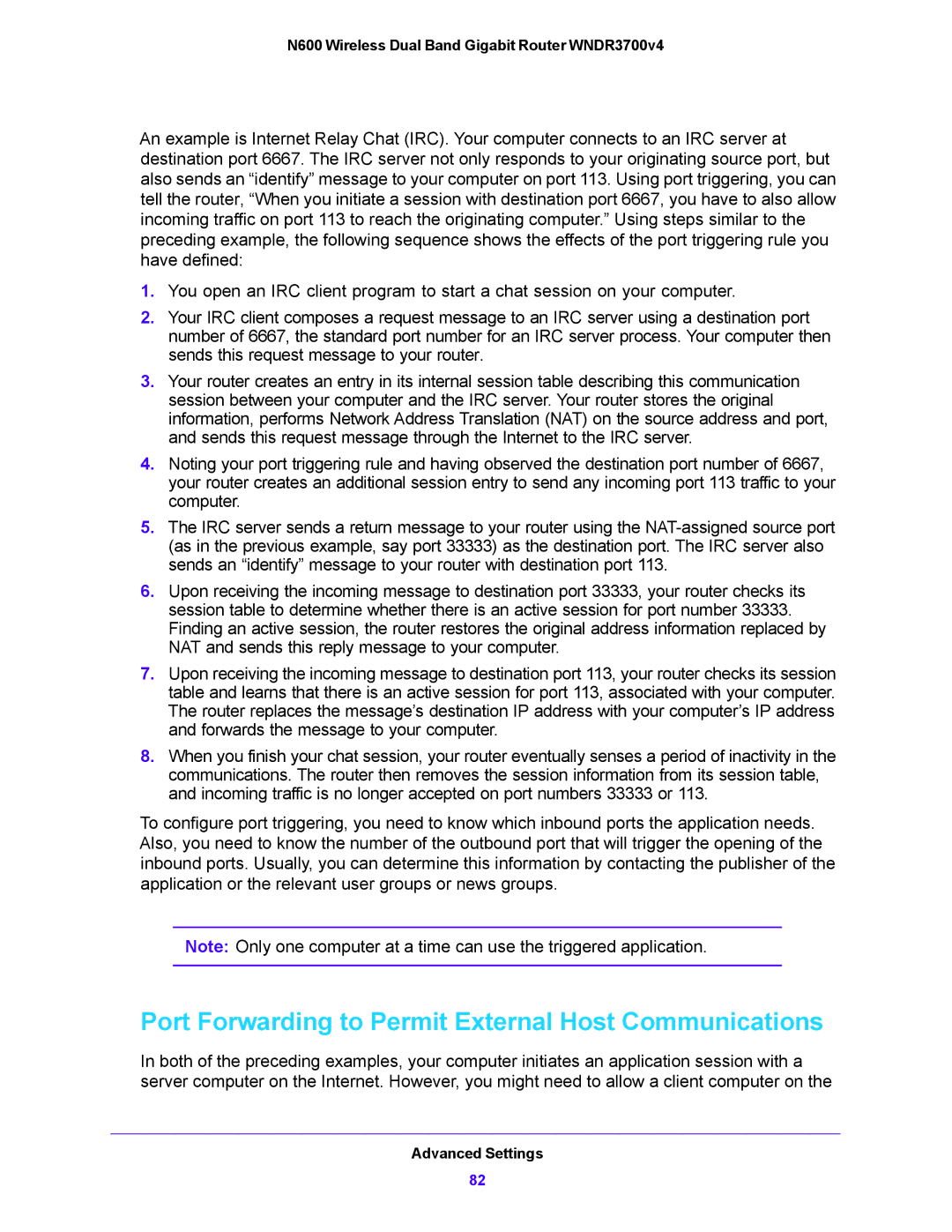 NETGEAR WNDR3700V4 user manual Port Forwarding to Permit External Host Communications 