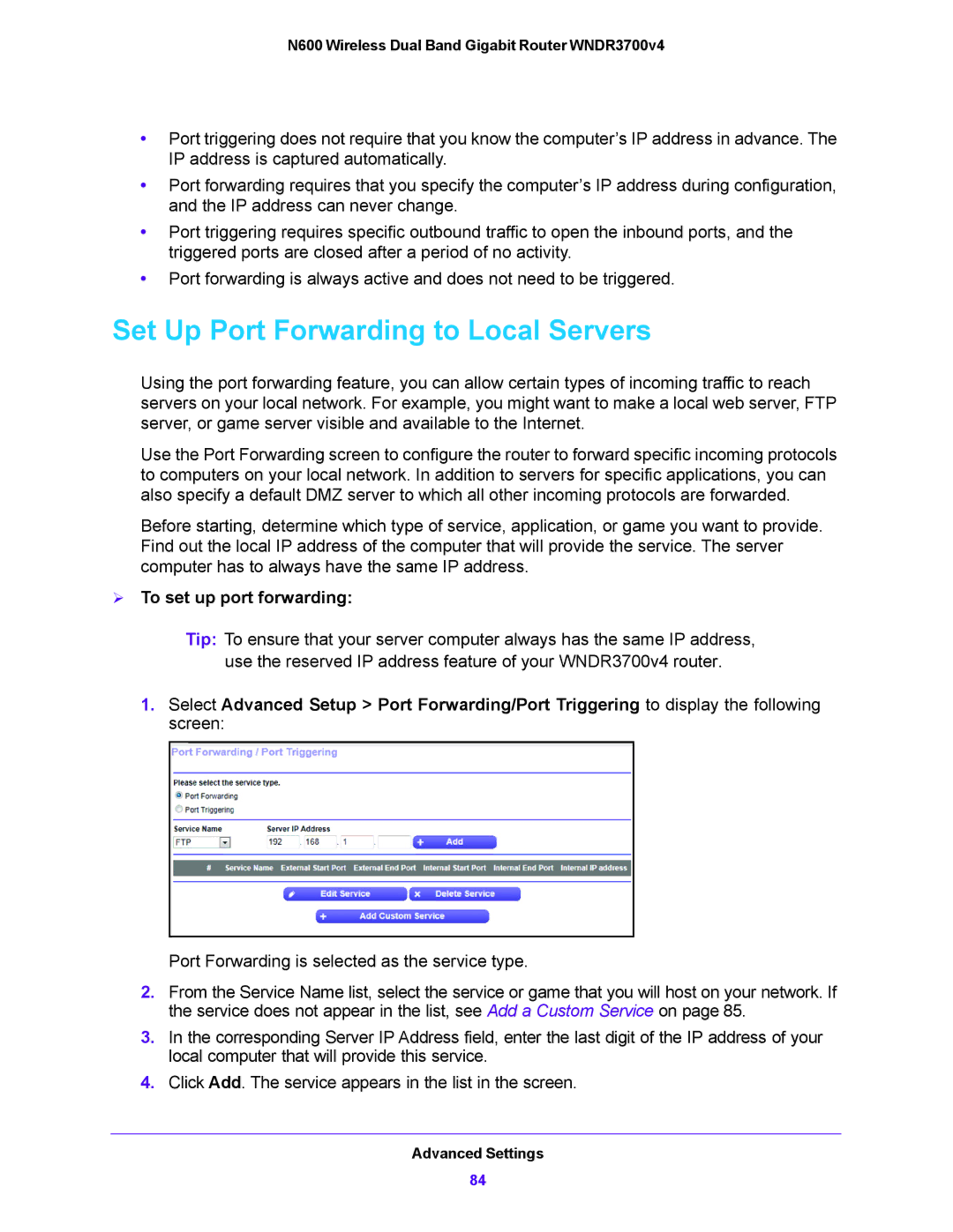 NETGEAR WNDR3700V4 user manual Set Up Port Forwarding to Local Servers,  To set up port forwarding 