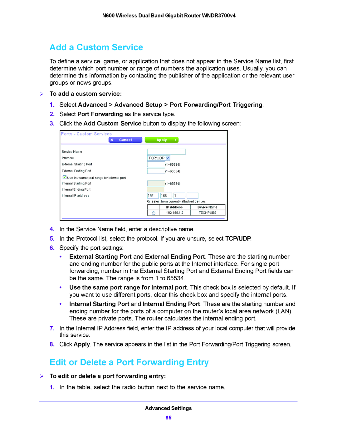 NETGEAR WNDR3700V4 user manual Add a Custom Service, Edit or Delete a Port Forwarding Entry 