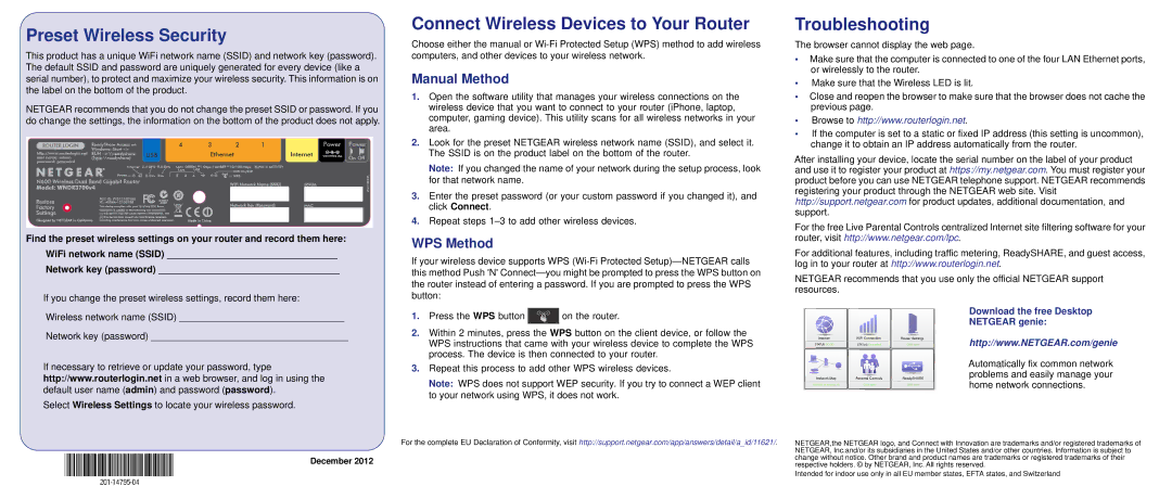 NETGEAR WNDR3700V4 manual Preset Wireless Security, Connect Wireless Devices to Your Router, Troubleshooting, Manual Method 