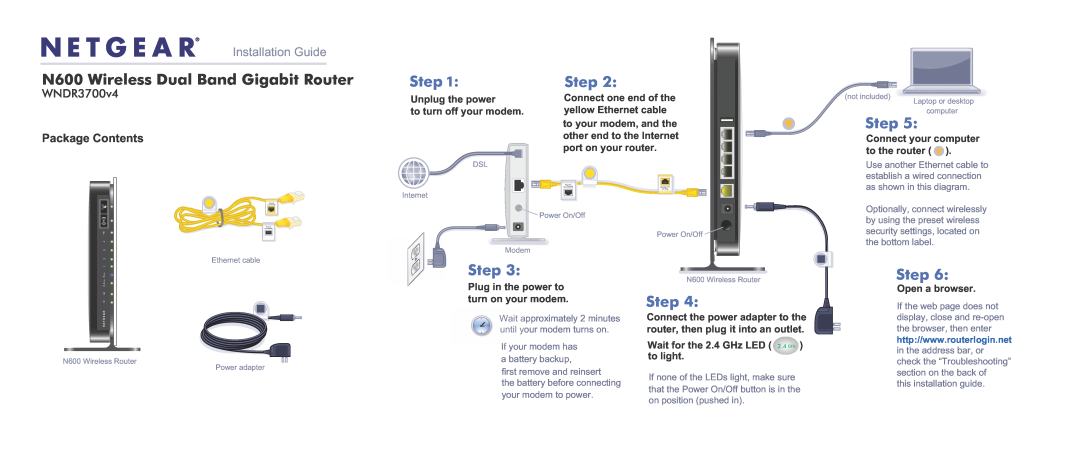 NETGEAR WNDR3700V4 manual N600 Wireless Dual Band Gigabit Router, Step, Installation Guide, WNDR3700v4, Package Contents 