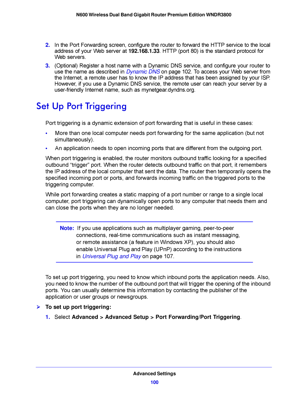 NETGEAR WNDR3800-100NAS user manual Set Up Port Triggering, Universal Plug and Play on 