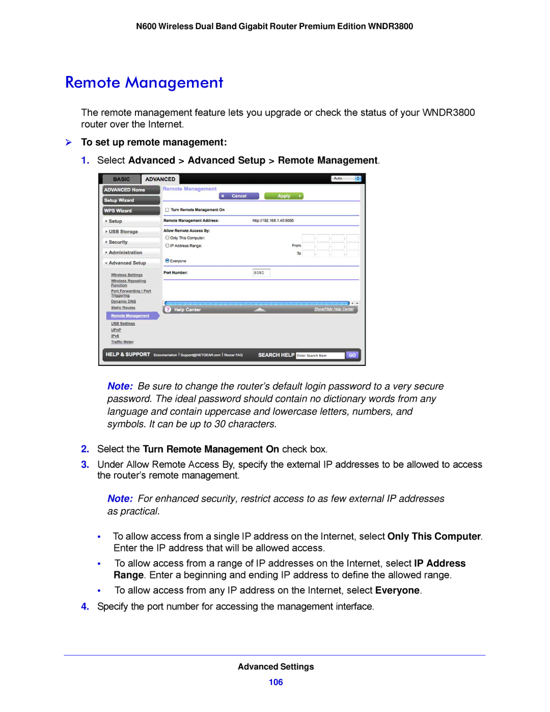 NETGEAR WNDR3800-100NAS user manual Remote Management 