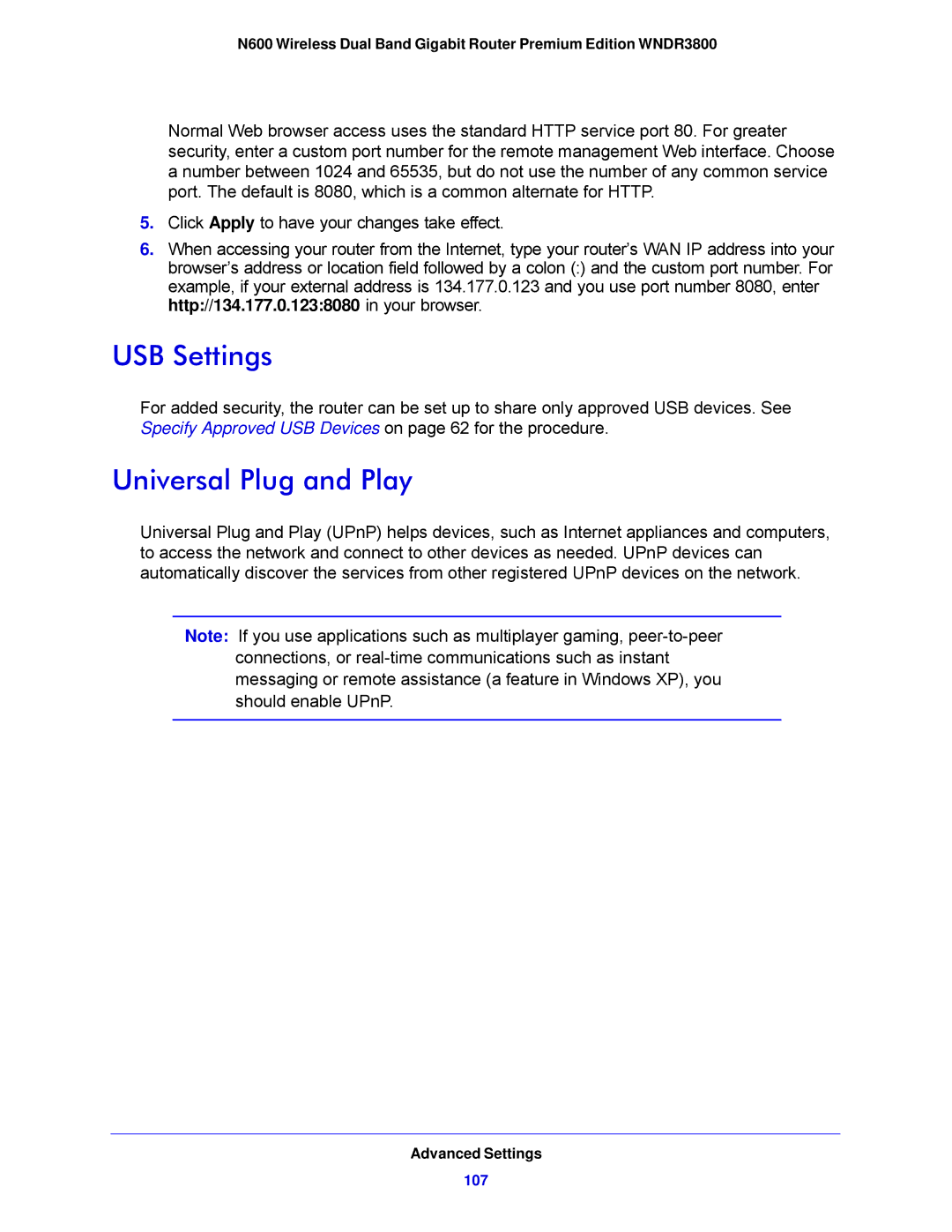 NETGEAR WNDR3800-100NAS user manual USB Settings, Universal Plug and Play 