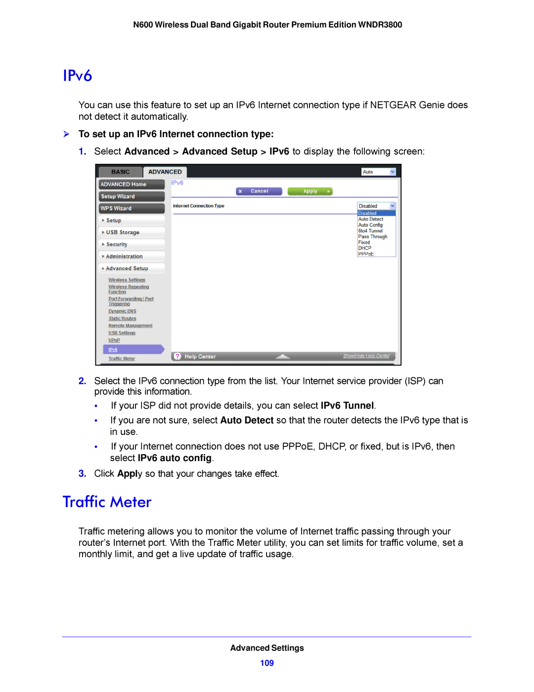 NETGEAR WNDR3800-100NAS user manual Traffic Meter,  To set up an IPv6 Internet connection type 