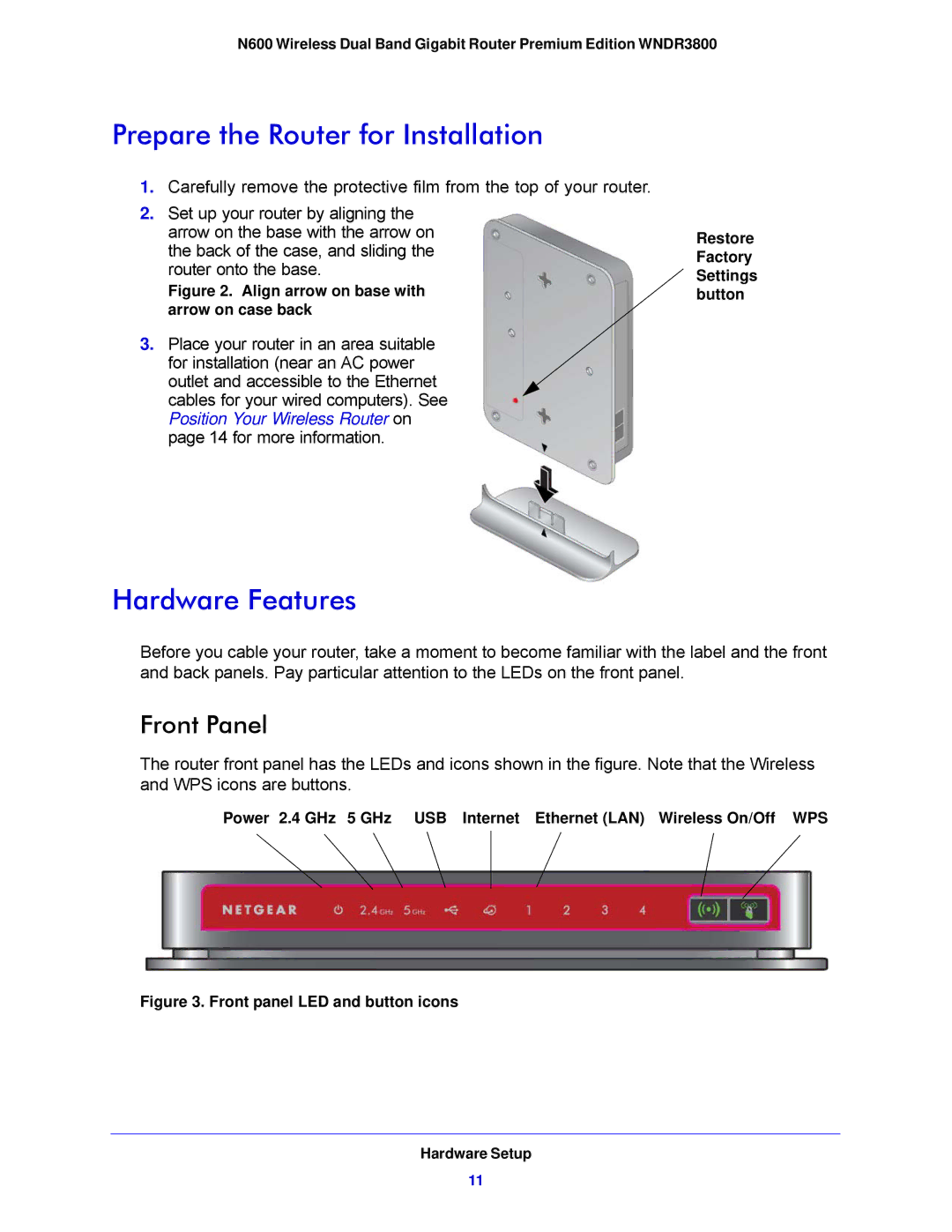 NETGEAR WNDR3800-100NAS user manual Prepare the Router for Installation, Hardware Features, Front Panel 