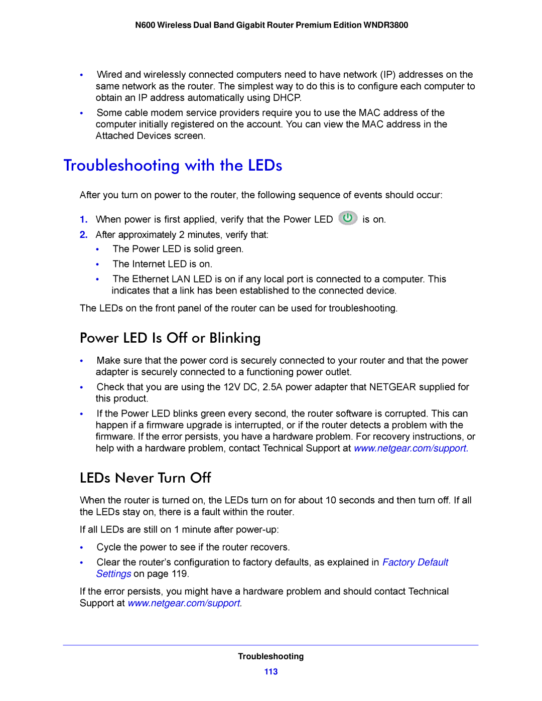 NETGEAR WNDR3800-100NAS user manual Troubleshooting with the LEDs, Power LED Is Off or Blinking, LEDs Never Turn Off 