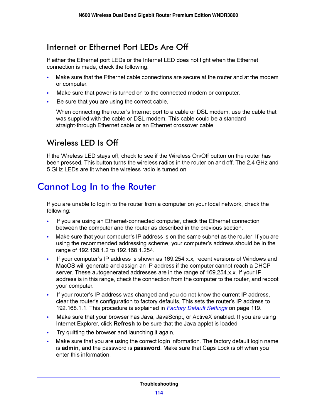 NETGEAR WNDR3800-100NAS Cannot Log In to the Router, Internet or Ethernet Port LEDs Are Off, Wireless LED Is Off 