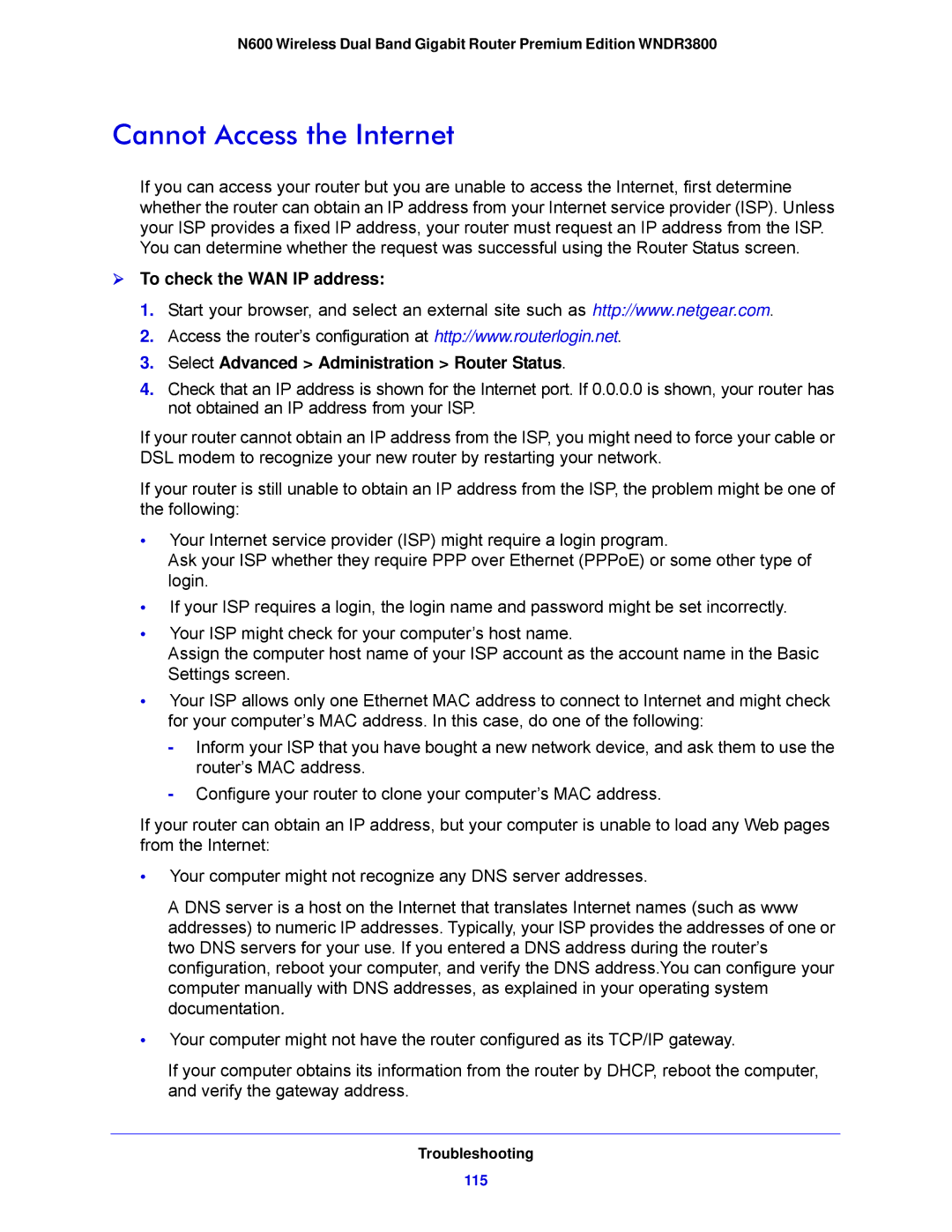 NETGEAR WNDR3800-100NAS user manual Cannot Access the Internet 