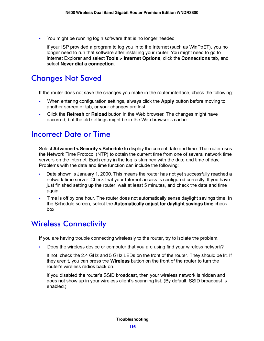 NETGEAR WNDR3800-100NAS user manual Changes Not Saved, Incorrect Date or Time, Wireless Connectivity 