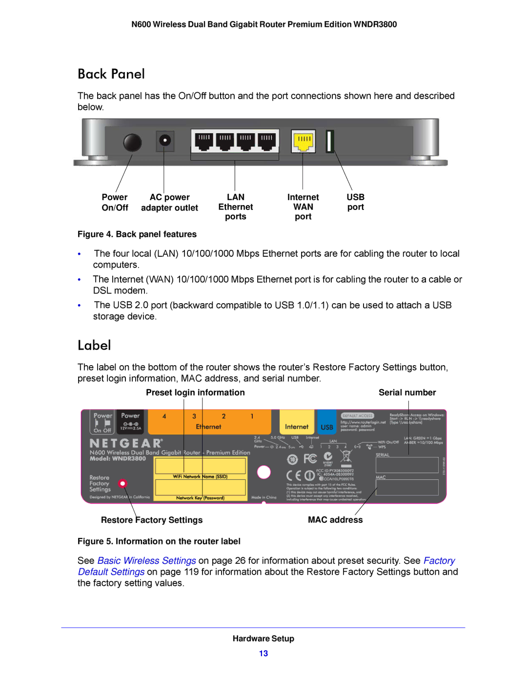 NETGEAR WNDR3800-100NAS user manual Back Panel, Label 