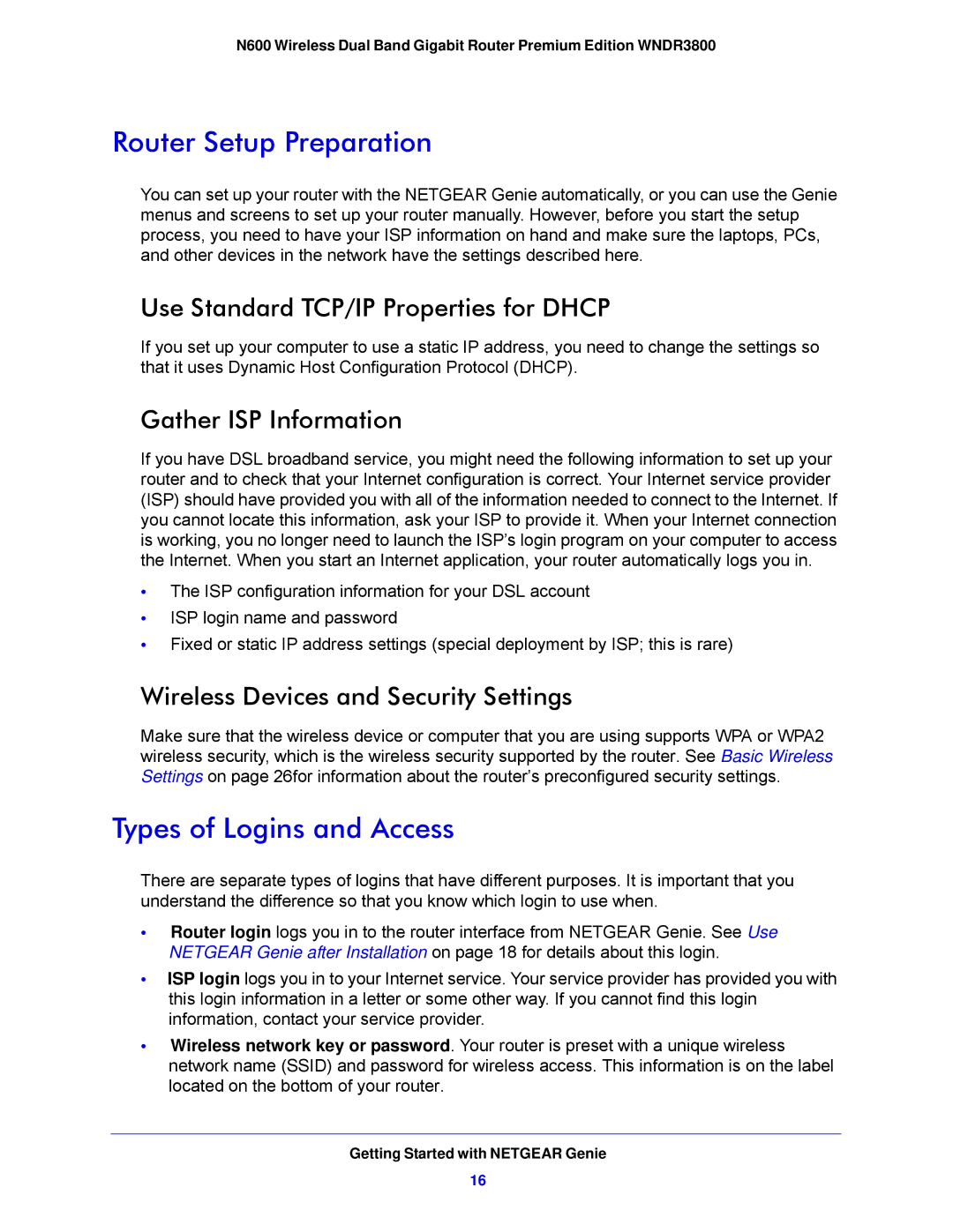 NETGEAR WNDR3800-100NAS Router Setup Preparation, Types of Logins and Access, Use Standard TCP/IP Properties for Dhcp 