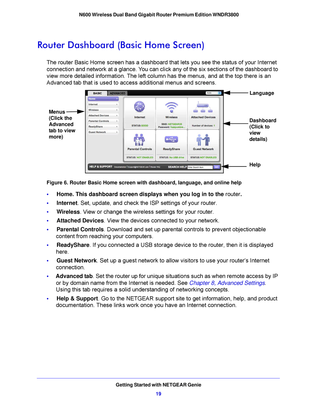 NETGEAR WNDR3800-100NAS user manual Router Dashboard Basic Home Screen 