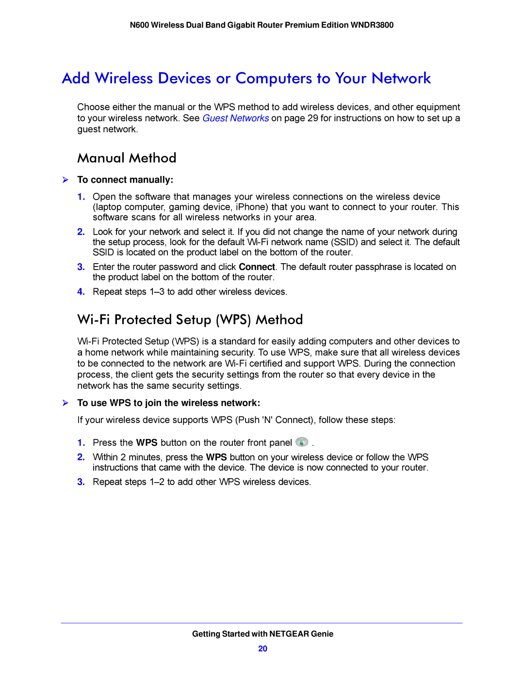 NETGEAR WNDR3800-100NAS Add Wireless Devices or Computers to Your Network, Manual Method, Wi-Fi Protected Setup WPS Method 