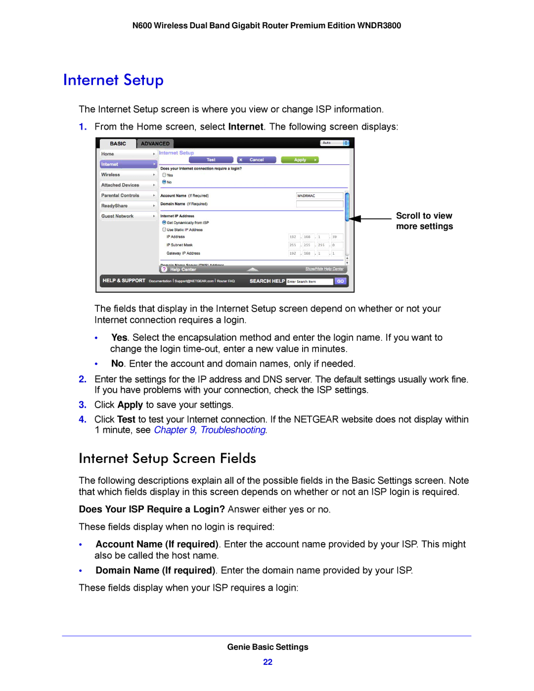 NETGEAR WNDR3800-100NAS Internet Setup Screen Fields, Does Your ISP Require a Login? Answer either yes or no 