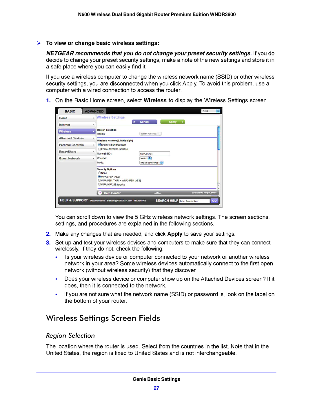 NETGEAR WNDR3800-100NAS Wireless Settings Screen Fields, Region Selection,  To view or change basic wireless settings 