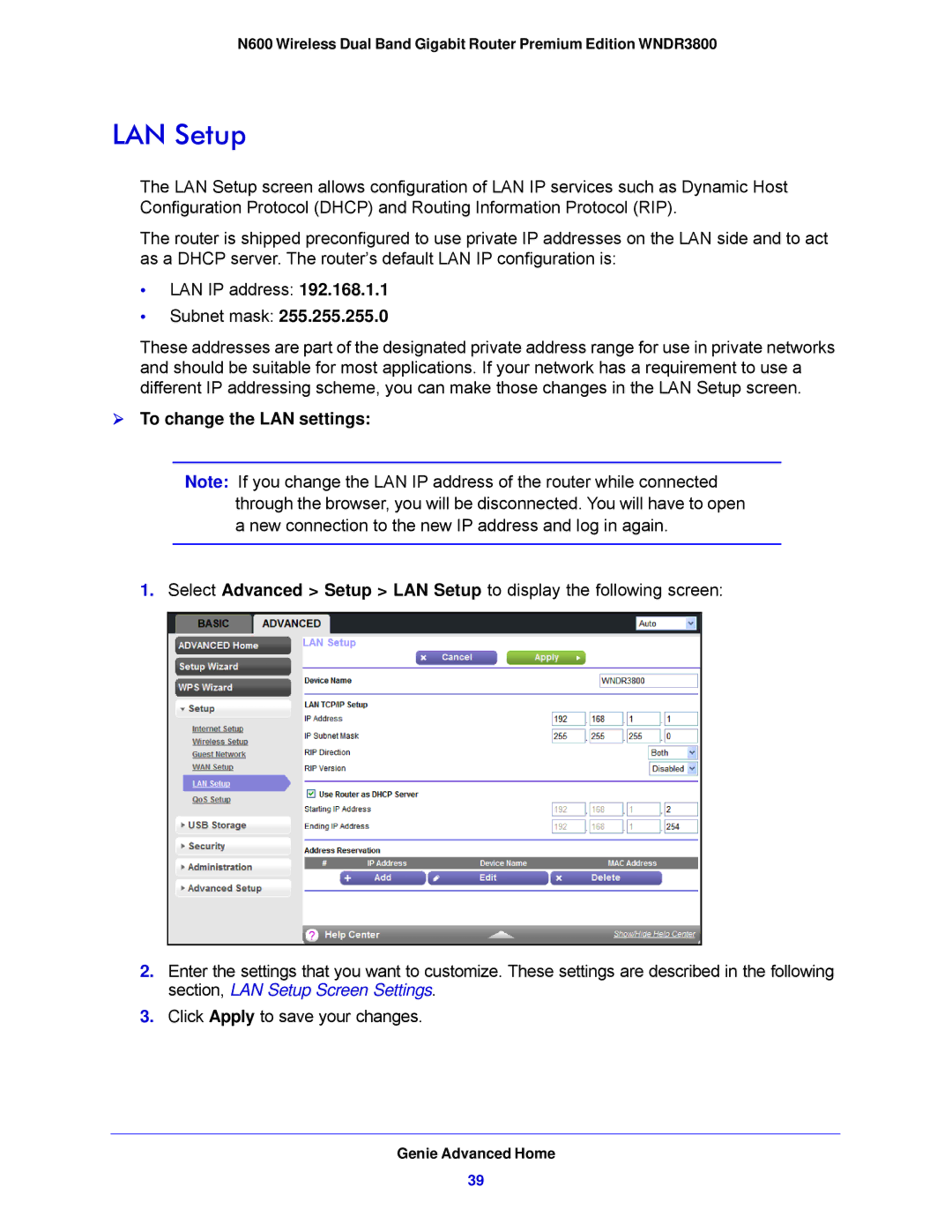 NETGEAR WNDR3800-100NAS user manual LAN Setup,  To change the LAN settings 