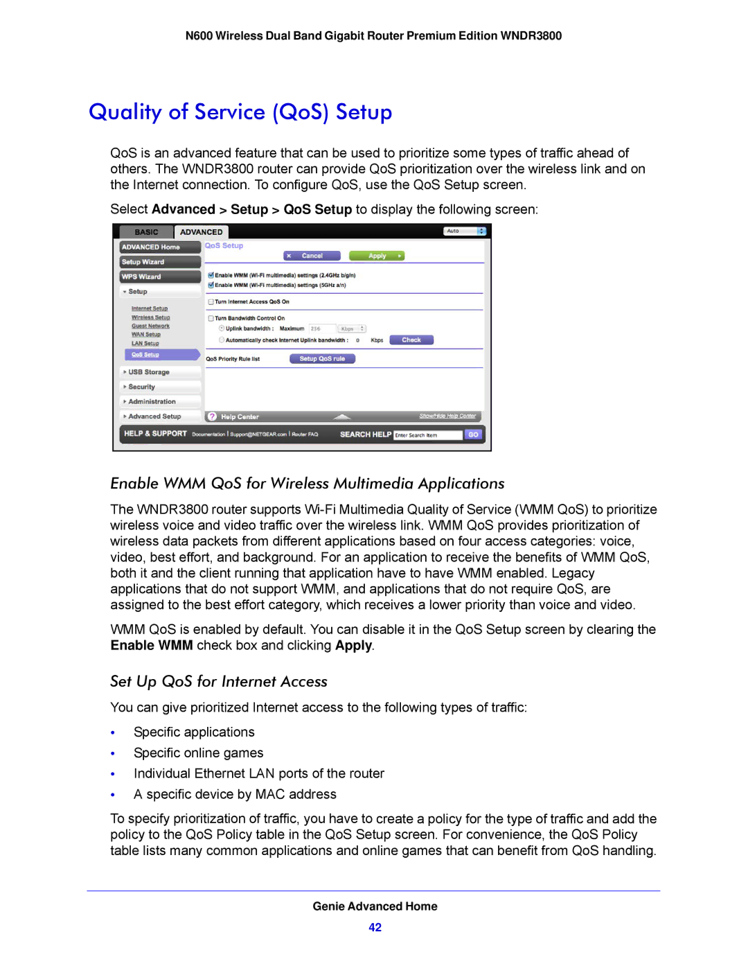 NETGEAR WNDR3800-100NAS user manual Quality of Service QoS Setup, Enable WMM QoS for Wireless Multimedia Applications 