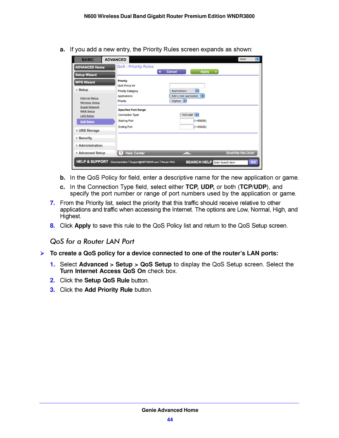 NETGEAR WNDR3800-100NAS user manual QoS for a Router LAN Port, Click the Add Priority Rule button 