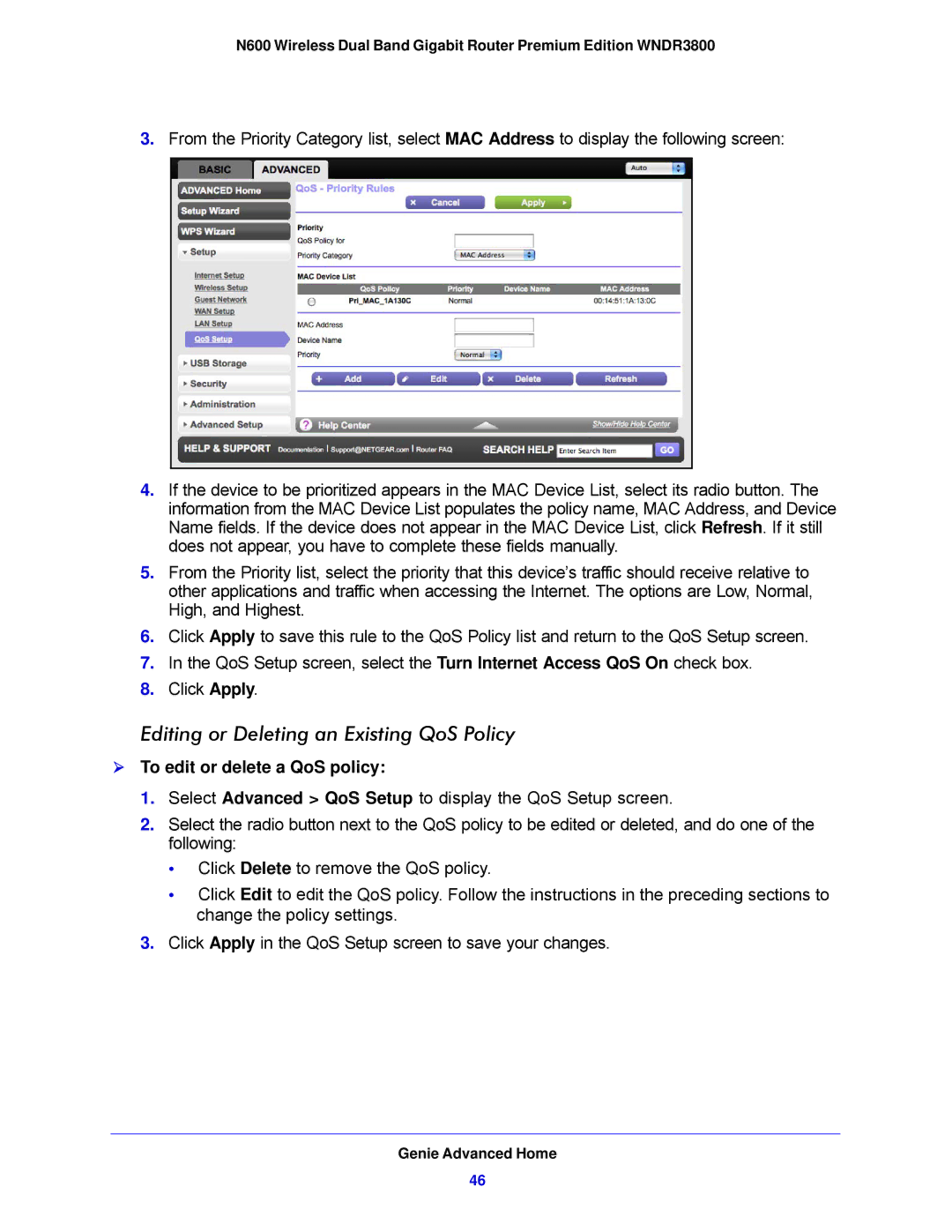 NETGEAR WNDR3800-100NAS user manual Editing or Deleting an Existing QoS Policy,  To edit or delete a QoS policy 