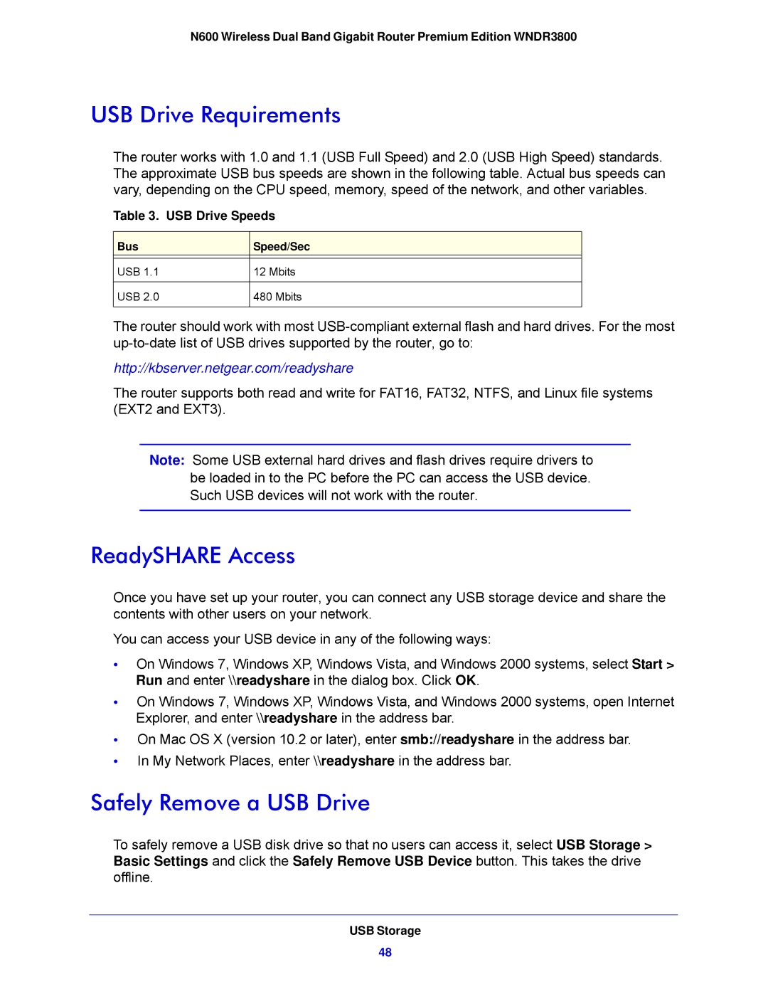 NETGEAR WNDR3800-100NAS user manual USB Drive Requirements, ReadySHARE Access, Safely Remove a USB Drive 