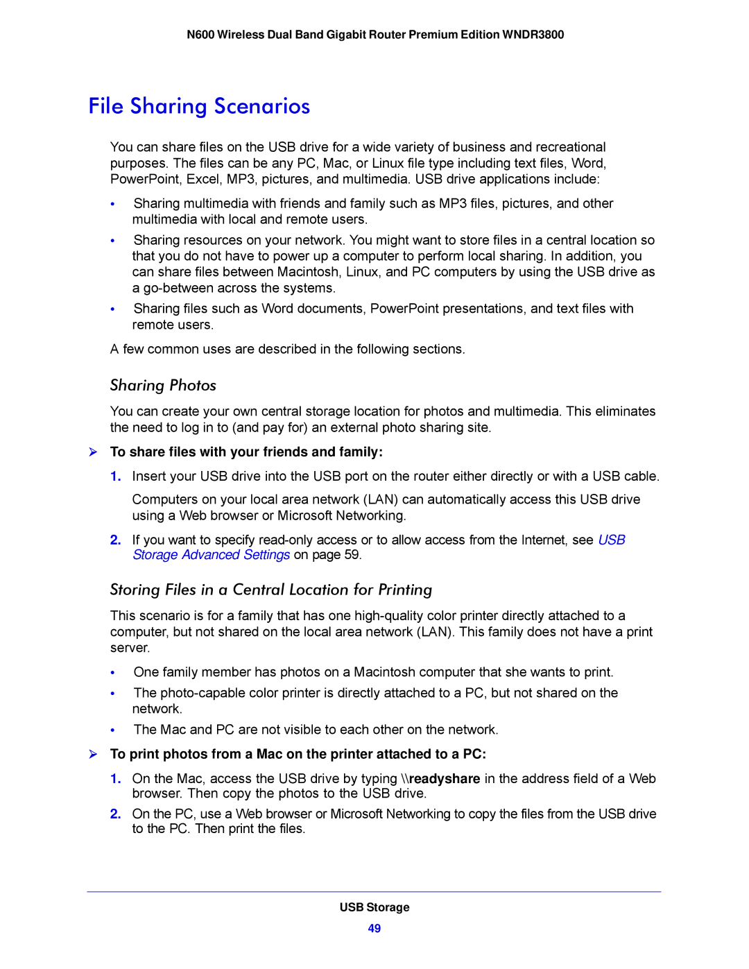 NETGEAR WNDR3800-100NAS File Sharing Scenarios, Sharing Photos, Storing Files in a Central Location for Printing 