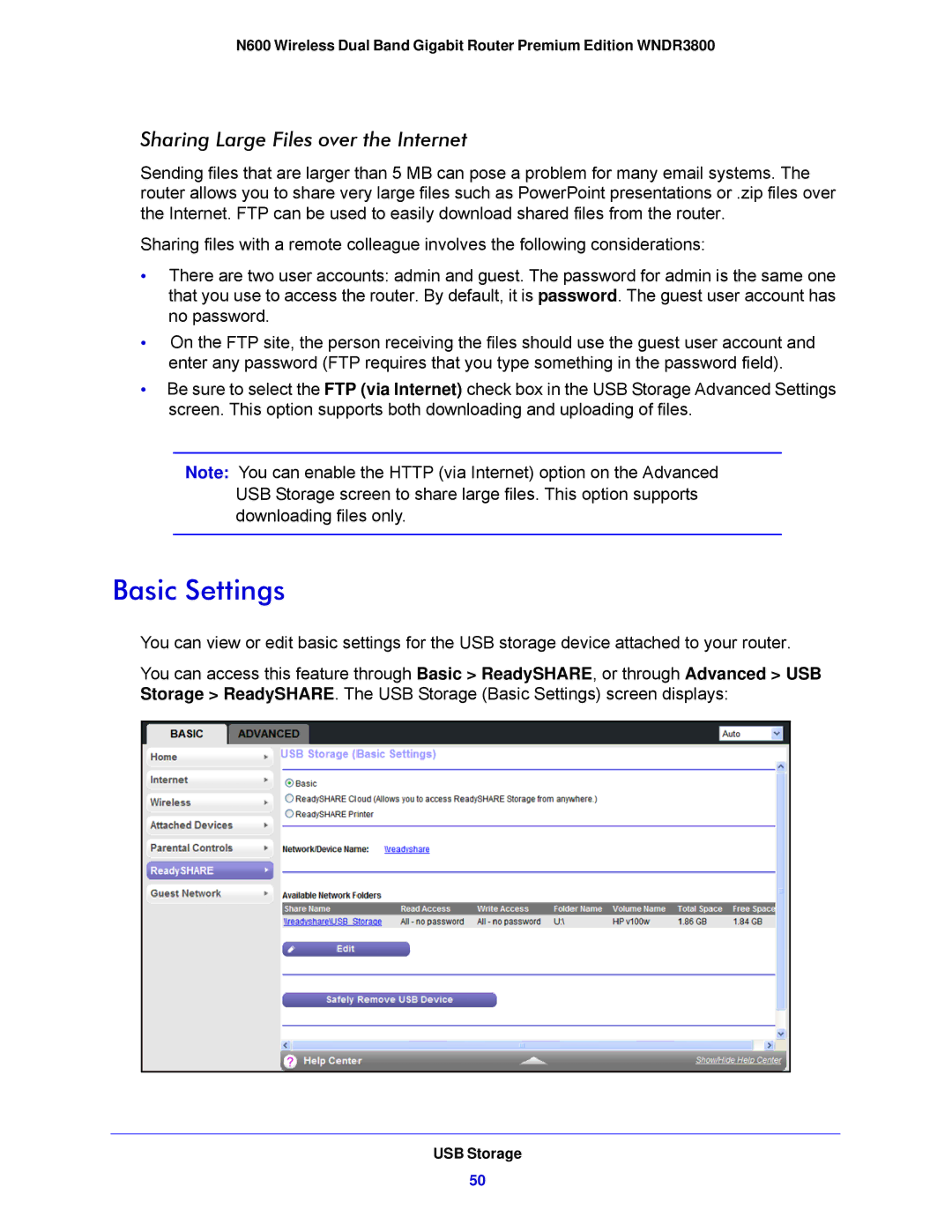 NETGEAR WNDR3800-100NAS user manual Basic Settings, Sharing Large Files over the Internet 