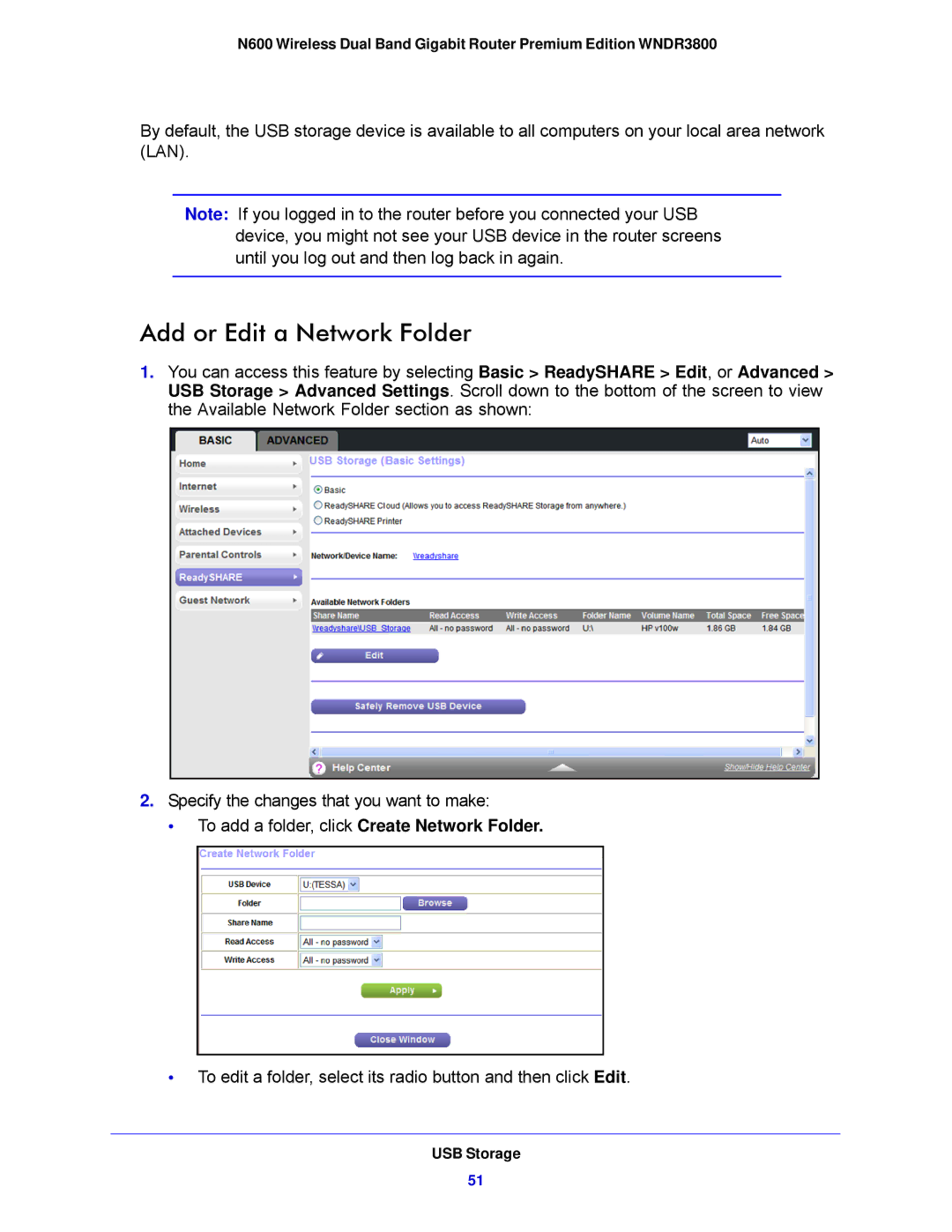 NETGEAR WNDR3800-100NAS user manual Add or Edit a Network Folder 