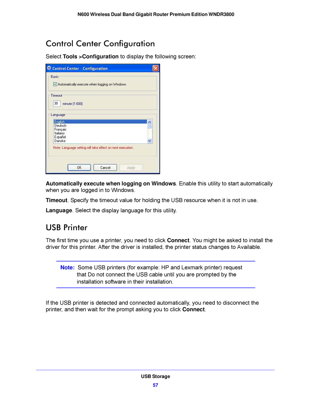 NETGEAR WNDR3800-100NAS user manual Control Center Configuration, USB Printer 