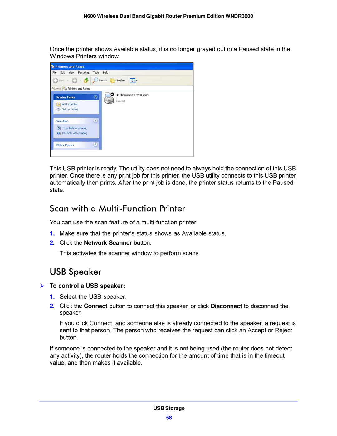 NETGEAR WNDR3800-100NAS user manual Scan with a Multi-Function Printer, USB Speaker,  To control a USB speaker 