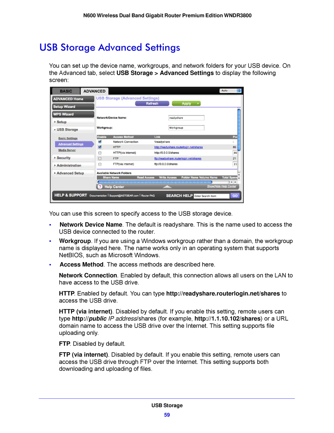 NETGEAR WNDR3800-100NAS user manual USB Storage Advanced Settings 