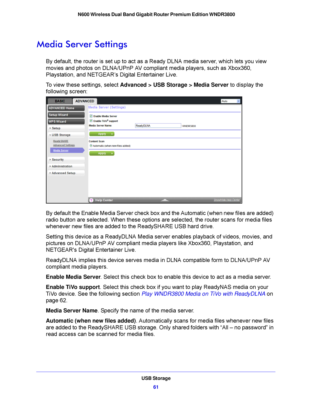 NETGEAR WNDR3800-100NAS user manual Media Server Settings 