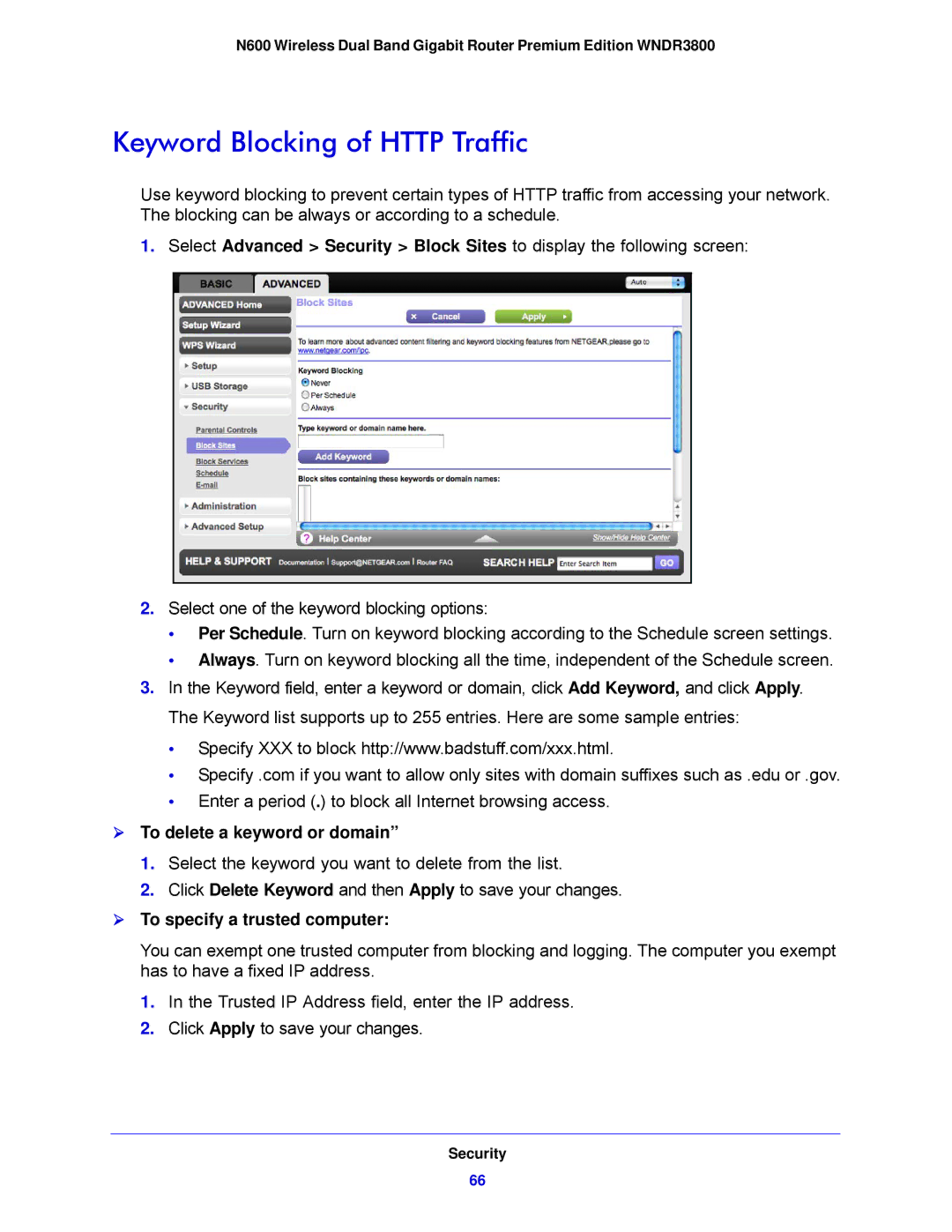 NETGEAR WNDR3800-100NAS Keyword Blocking of Http Traffic,  To delete a keyword or domain,  To specify a trusted computer 