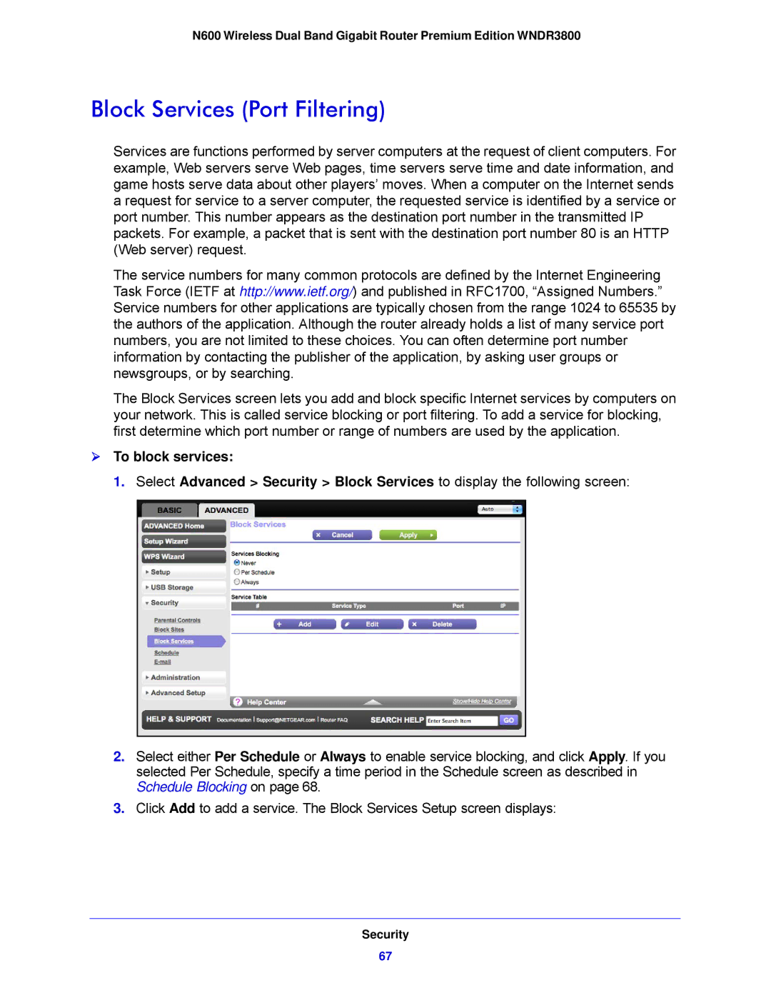 NETGEAR WNDR3800-100NAS user manual Block Services Port Filtering,  To block services 