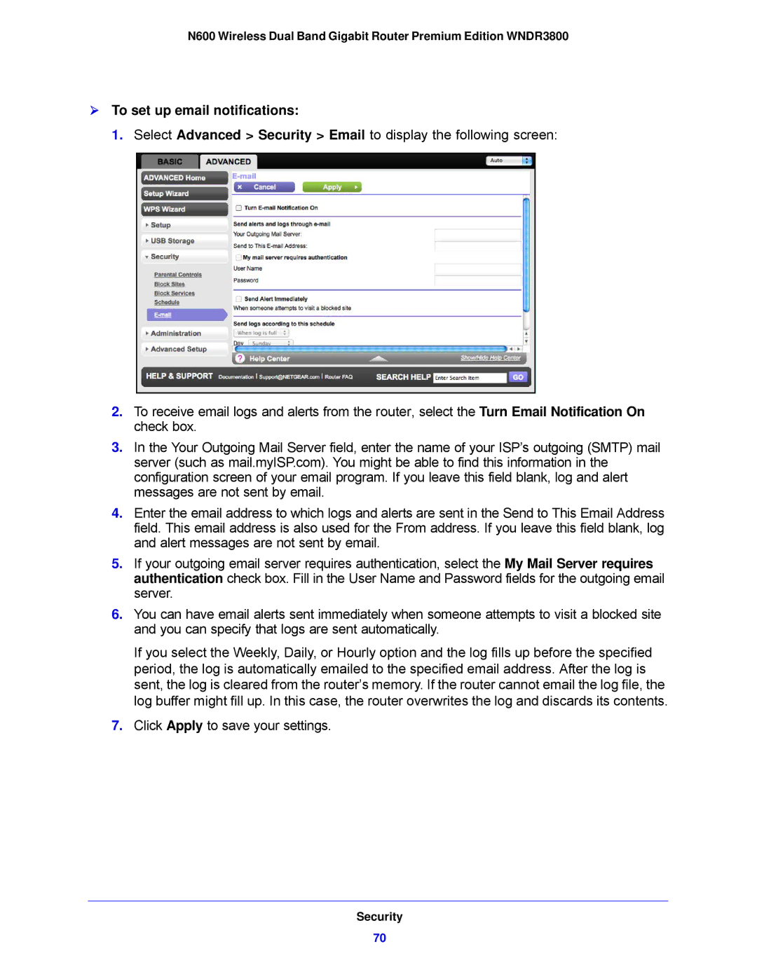 NETGEAR WNDR3800-100NAS user manual  To set up email notifications 